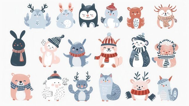 A whimsical collection of adorable cartoon animals in winter attire, perfect for holiday-themed designs and children's art.