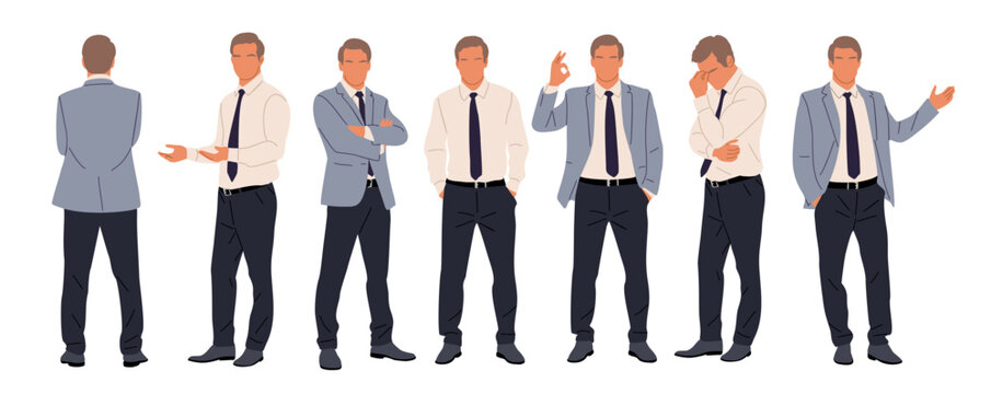 Businessman character in different poses. Handsome business man in formal suit standing front, back, rear, side view, pointing, thinking. Vector realistic illustrations on transparent background