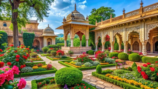 Vibrant flowers and lush greenery thrive in a serene Indian garden, with intricate stone carvings and ornate architecture blending harmoniously with nature.