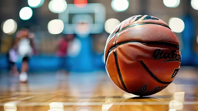 Close-up of an orange basketball on a hardwood court.