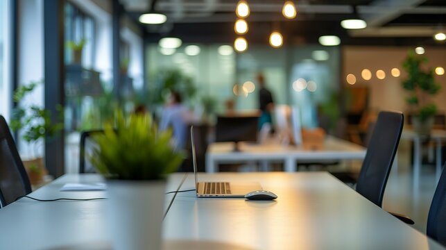 Business modern office open space with wooden table bokeh background blurred interior with panoramic windows and beautiful lighting