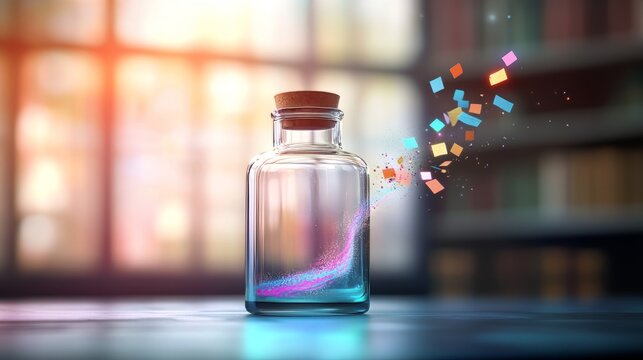 floating ink bottle spilling a stream of glowing