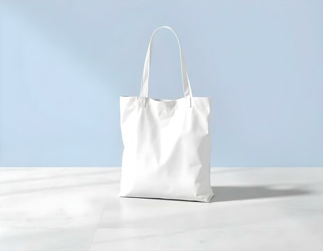 A blank tote bag mockup on a minimalist concrete surface, with a soft gradient background that transitions from light blue at the top to white at the bottom create with ai