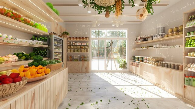 A small grocery store with wooden shelves, fresh produce, and a view of a green garden.