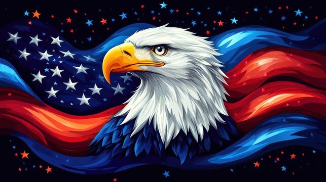 majestic bald eagle head seamlessly blending into waving american flag patriotic color scheme bold stars and stripes pattern powerful symbol of freedom and national pride