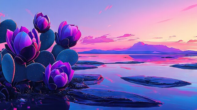   Pink & purple sunset w/cactus & water bkg