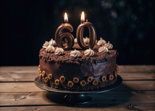 Chocolate birthday cake with candles for a 60th celebration on a wooden table. Generative AI