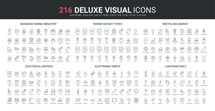 Electrical devices, manufacturing and transport, power socket types line icon set. Lightning sigs, electricians and worker toolbox, machines and thin black outline symbols vector illustration