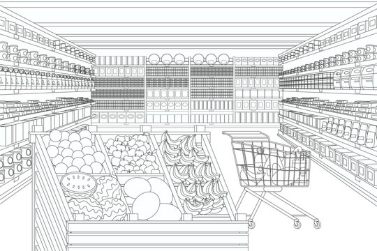 Perspective view of supermarket or store grocery interior with wooden racks of fruit and shopping cart with food. Retail shop aisle background, hypermarket department vector illustration cartoon