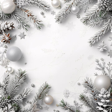 Christmas and New Year seasonal square template design with decorations and copy space for social media post. Silver color tone on white plain background.