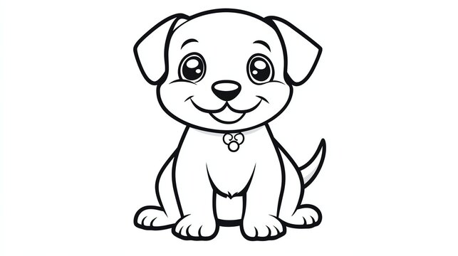 A cute cartoon dog with big eyes and a happy smile. The dog is sitting with its tail wagging.