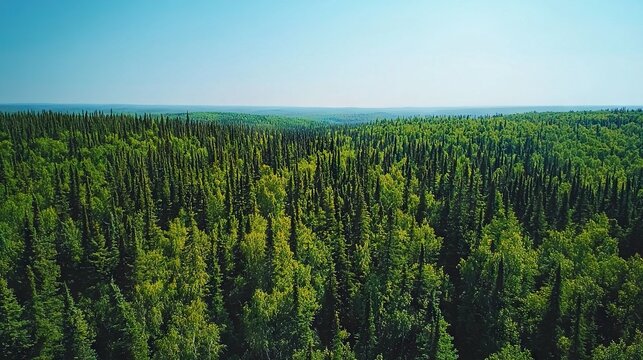   Aerial view of dense forest featuring numerous trees in fg, clear blue sky in bkg