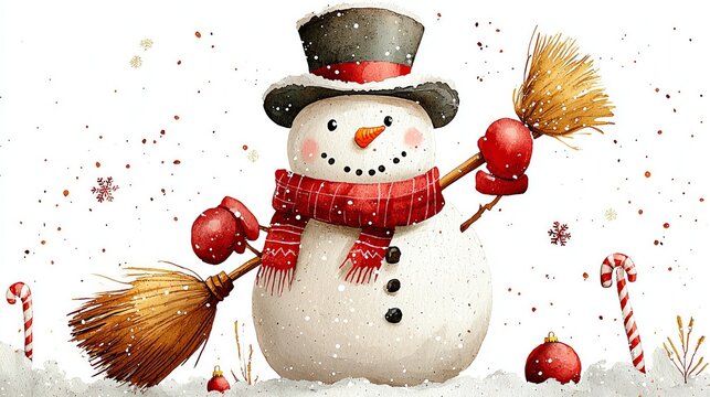 Watercolor snowman with a top hat and scarf, holding a broom in a snowy scene, watercolor Christmas clipart, winter character