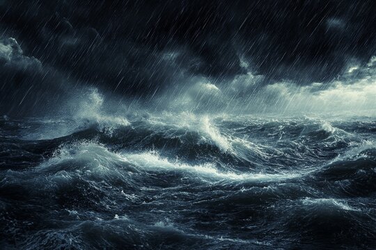 A fierce storm at sea with rain pouring down and waves crashing against the shore. background