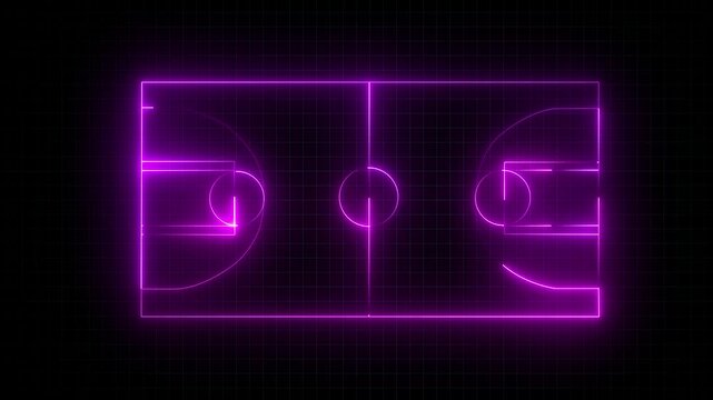 Animation of neon sports stadium on black background with neon lights ,Neon pink basketball court animation 