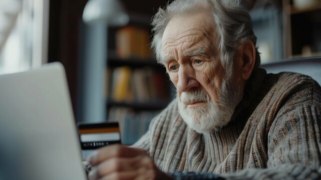 lose-up of an older man using a credit card to pay bills and shop online via a laptop, demonstrating a senior's engagement with e-commerce.