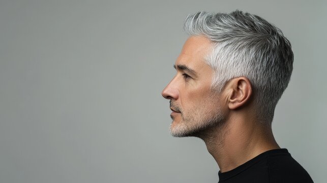 Mature man with gray hair in profile view against a gray background