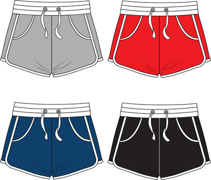 Unisex Jersey Shorts- Technical fashion illustration. Front, grey, red, navy and black color. Unisex CAD mock-up.