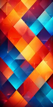 vibrant abstract pattern composed of overlapping diamond shapes in various shades of red, orange, yellow, and blue, creating a visually striking and dynamic composition.