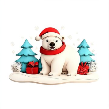 Polar bear, wearing a Santa hat, playful winter scene, Watercolor style