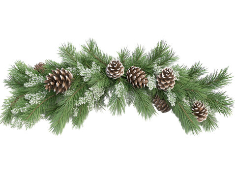 Green pine garland with scattered pinecones, neatly arranged on a white background.  PNG transparent.