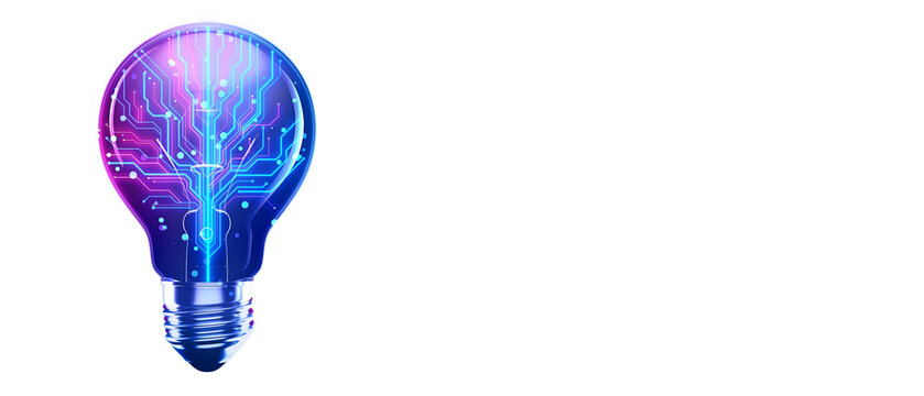 Light bulb with neon blue circuit pattern on white background. Concept of technology, innovation, and artificial intelligence. 3D Rendering