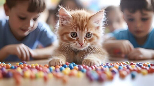 An interactive, participatory classroom where playful kittens help children practice their fine motor skills using colourful beads and strings, with each child participating at their own pace.