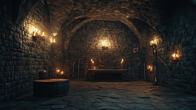 Interior of a mysterious dungeon featuring torture tools and dark furnishings illuminated by candlesticks designed as a backdrop for games and Halloween themed visuals 3D illustration