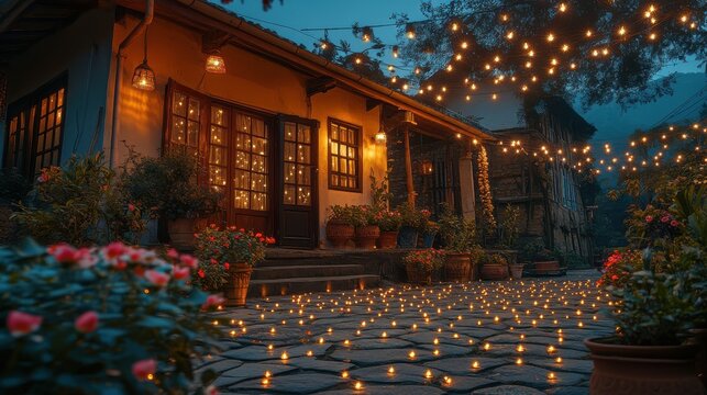 Diwali night with a beautifully decorated home, filled with lights, diyas, and flowers