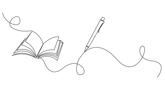 continuous line drawing of open book and pen.one line vector drawing of book and pen.concept of education in one line vector.background for world book day,international education day.