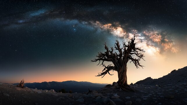 A stunning night sky over a silhouette of a twisted ancient tree in the mountains, with the Milky Way galaxy shining brightly and a warm horizon glow.