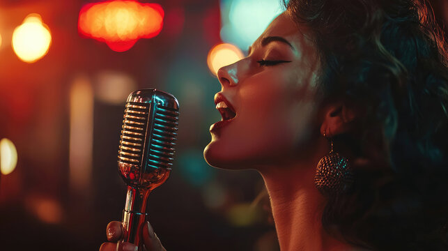 Pretty young woman singing song with microphone. Night club event. Karaoke bar