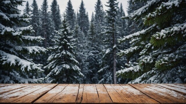 Rustic wood board table surface mockup with winter pine trees forest background