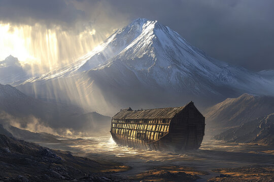 Sun rays shining through clouds over the peak of mount ararat with noah's ark resting in the foreground