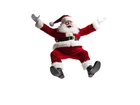 Santa Claus jumping and celebrating with a joyful expression, arms raised, on a white background.