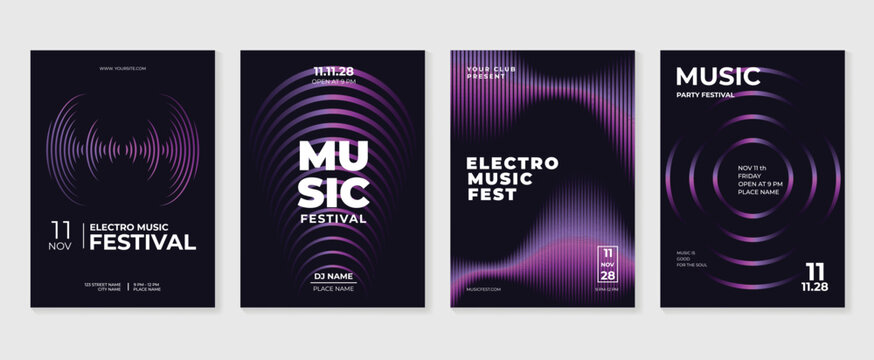 Music poster design background vector set. Electro Sound Cover template with vibrant abstract gradient geometric shape and line wave. Ideal design for social media, flyer, party, music festival, club.