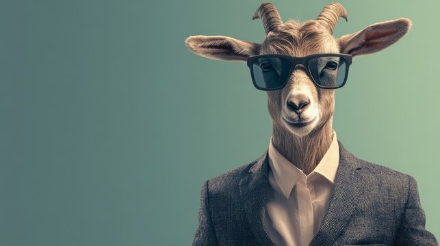 A stylish goat wearing a suit and sunglasses against a green background, showcasing a quirky and fun animal portrait with a humorous twist.