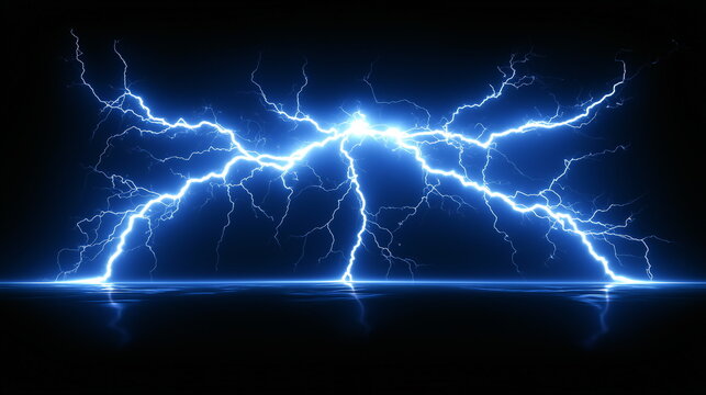 a scene full of lightning and electric rays isolated on a empty plain clean black background