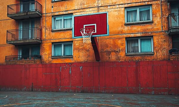 Urban basketball court against a weathered building backdrop.