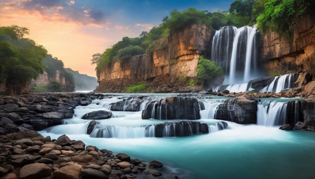 Waterfalls of Madhya Pradesh, India: Classic Long Exposure Evening view of Famous and Majestic Keoti or Kyoti Waterfall on Mahana river in the Rewa district. A beautiful landscape in the evening.
