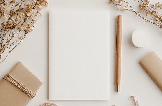 Blank notebook and writing tools arranged with dried flowers on a neutral backdrop