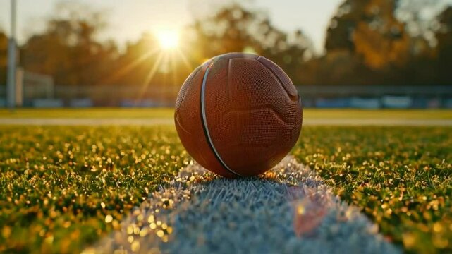 A close-up of a basketball on a field during sunset, highlighting sports and leisure.