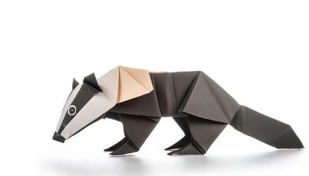 paper origami concept of a striped badger. simple starter craft for kids for weekend arts and crafts entertainment. Isolated on a white background with copy space