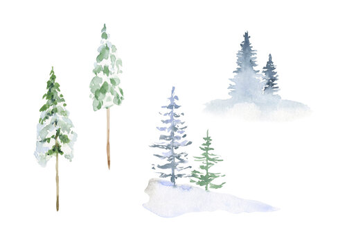 Coniferous forest clip art with pine, fir trees. Hand drawn watercolor illustration. Winter background elements, snowy landscape for Christmas design.