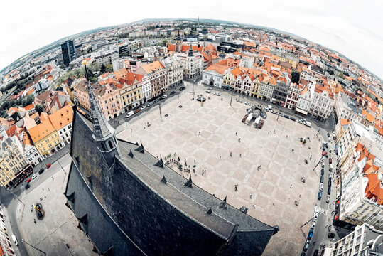 Cityscape of Plzen (Pilsen) with st. Bartholomew cathedral dominating the square. Czech Republic