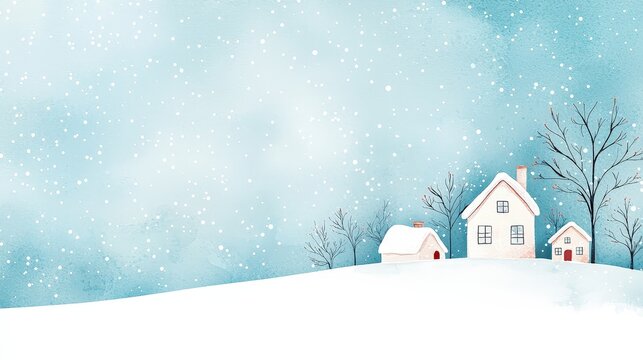 A snowy village scene clipart, winter holiday landscape, watercolor illustration, cozy houses, isolated on olive green background