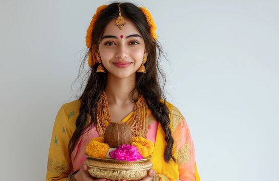 Smiling Indian woman in festive attire holding a kalash with flowers and coconut for pooja