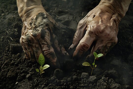 Human hands holding young green plant with soil background