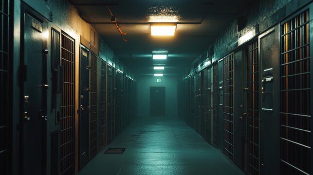 Interior of a prison corridor with rows of cells and locked doors, illuminated by ceiling lights.