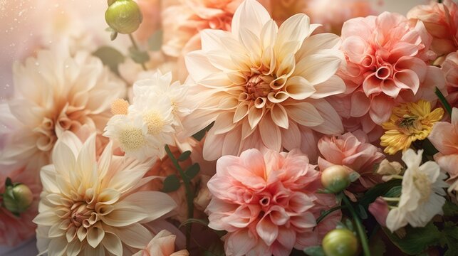 A close-up of a beautiful bouquet of peach and cream-colored dah